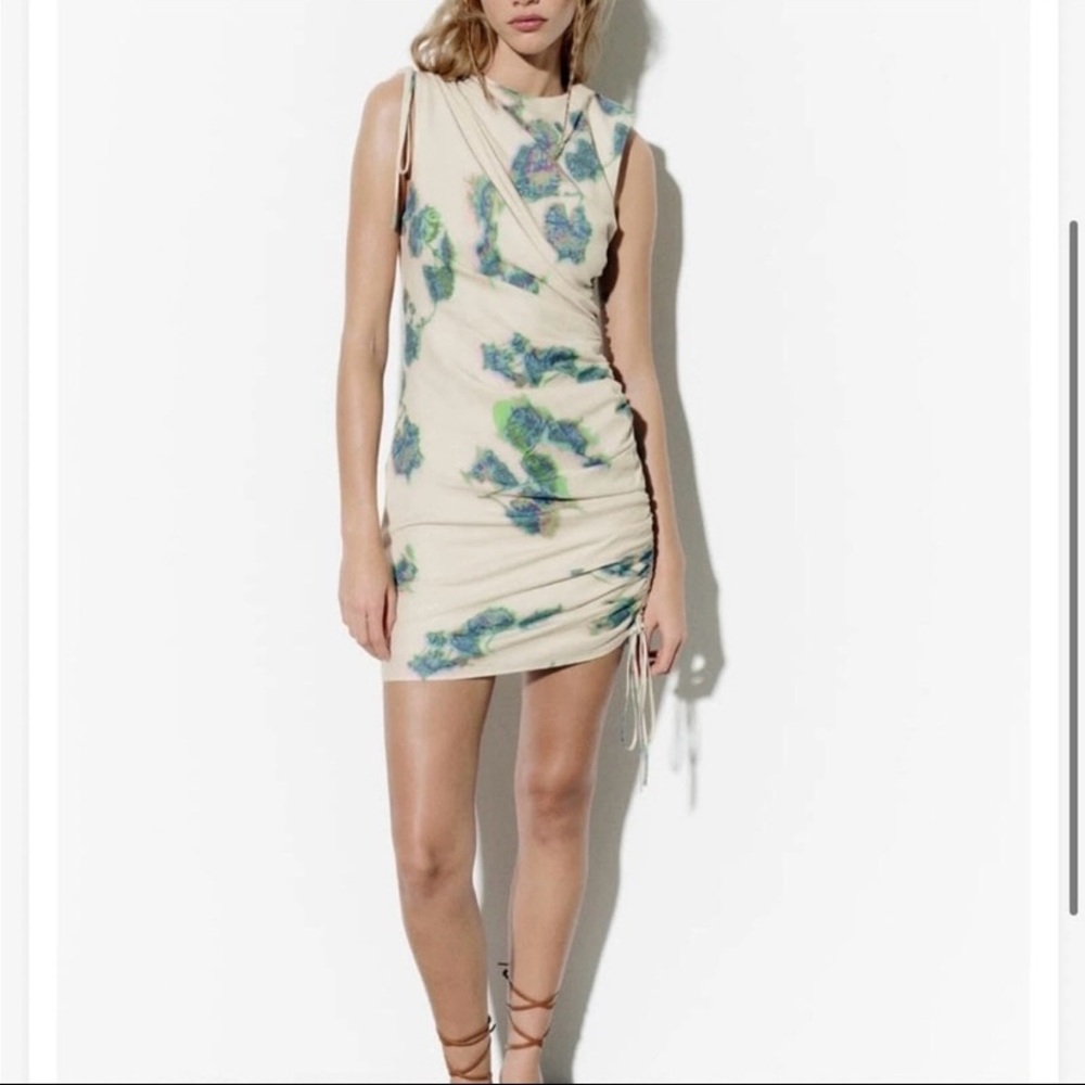 Zara Sleeveless Linen Blend Printed Ruched Mini Dress Size M - Picture 2 of 7